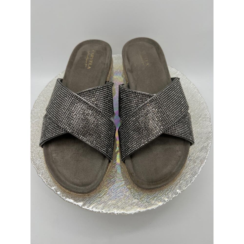 Carvela Comfort Slip on Silver Rhinestone Open Round Toe Sandals Size 7 - Picture 2 of 10